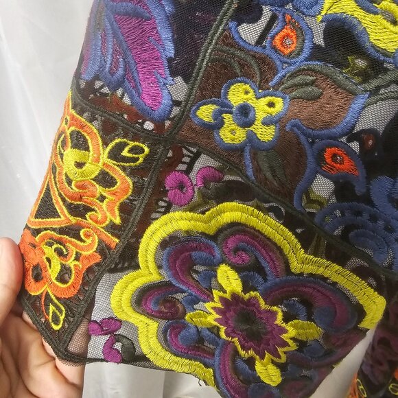 Rara Avis by Iris Apfel Kaftan Dress Maxi Embroidered Mesh Artsy Black Orange 1X - Picture 10 of 15